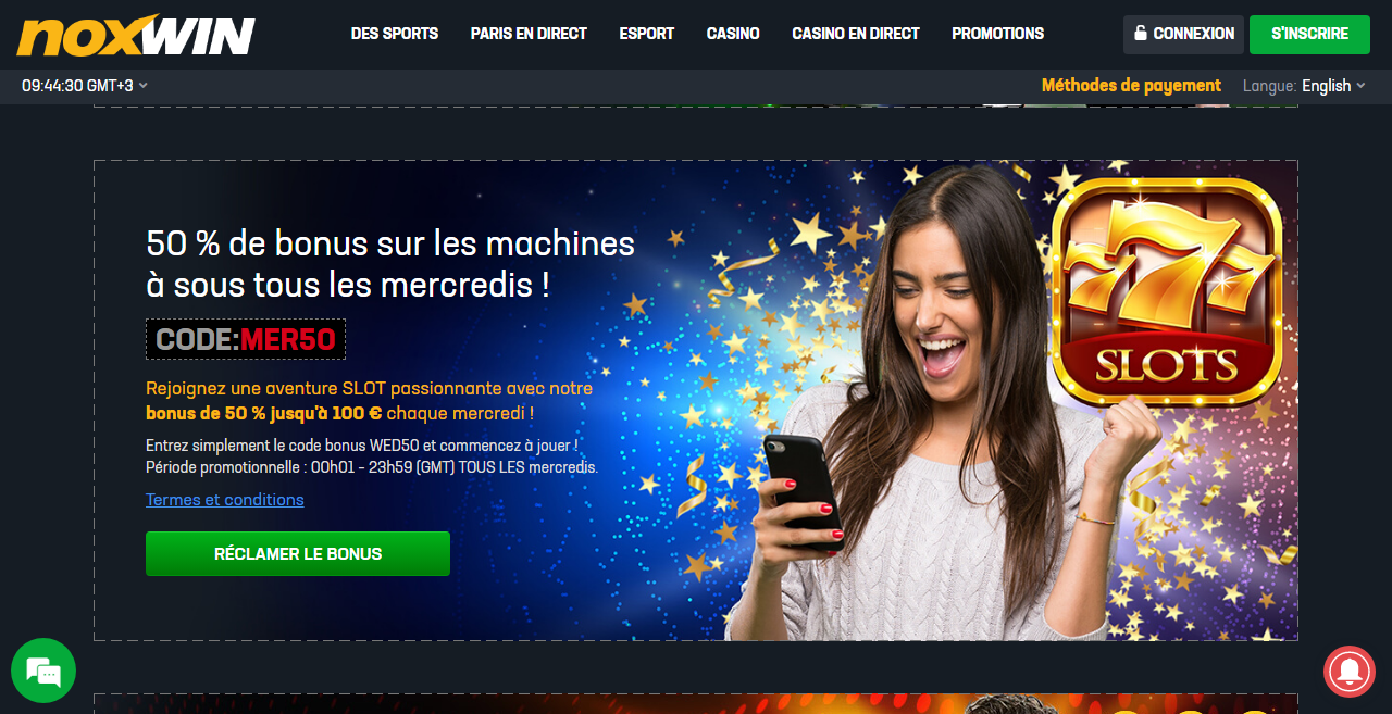 Noxwin 50 % de bonus sur les machines à sous tous les mercredis